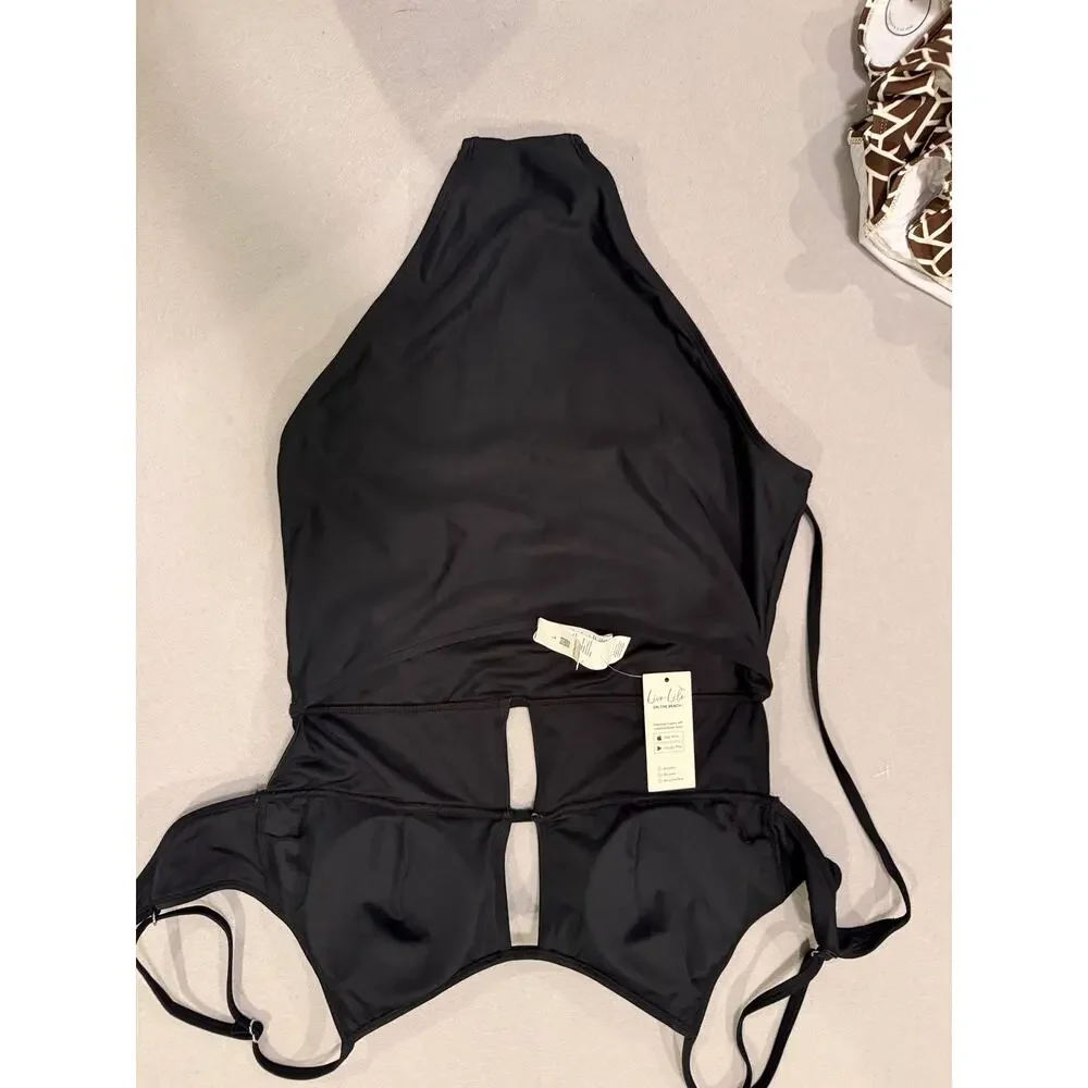 CUPSHE Noir Cut-Out One Piece Swimsuit Black Tie Back NWT Large